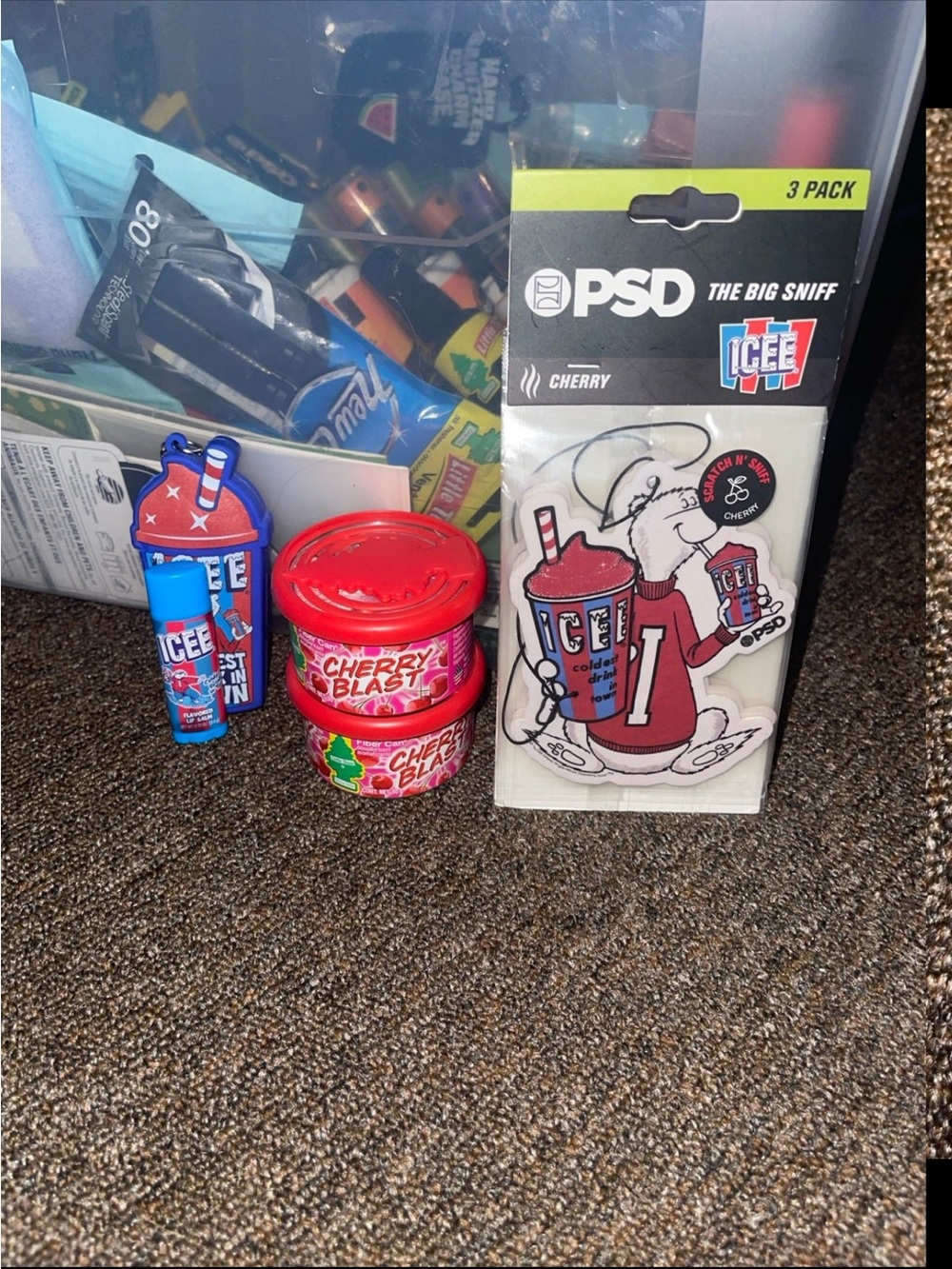 PSD/ little trees cherry air fresheners + ICEE lip-balm keychain